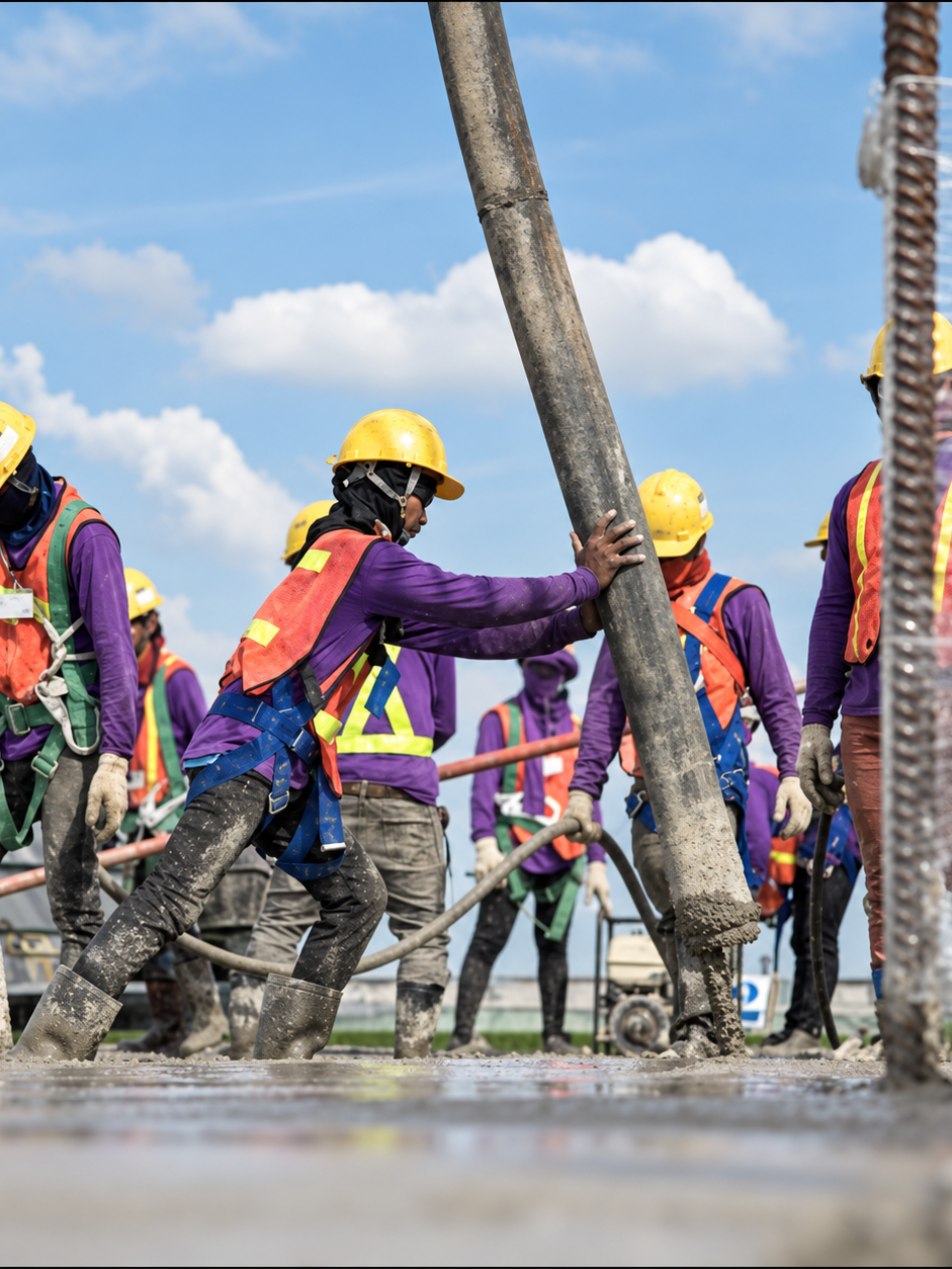 Projexiom project team working on a construction site, pouring concrete