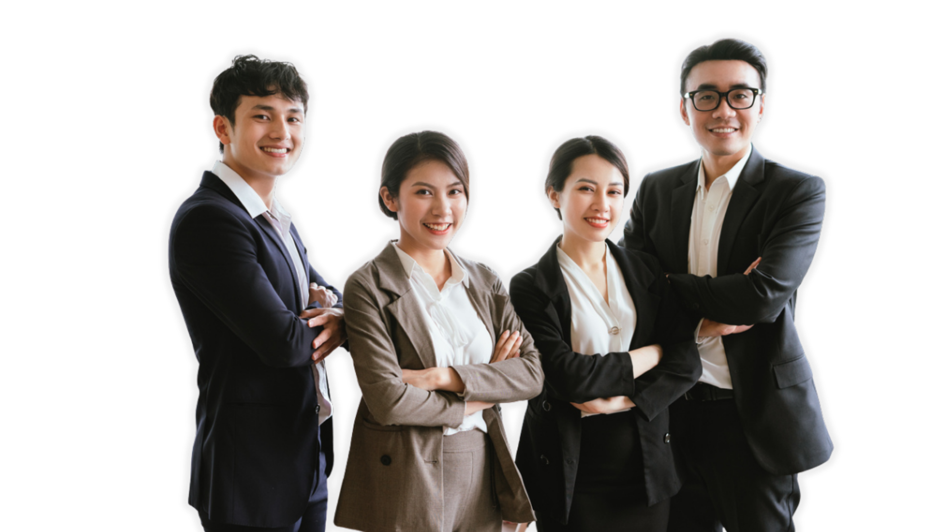 Four business professionals standing together, representing people-centered work